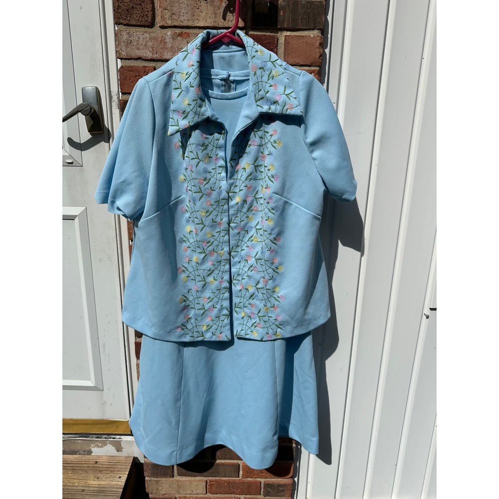 Vtg Lady Laura Toni Todd Blue Floral Embroidered Dress & Jacket Set Large #0061